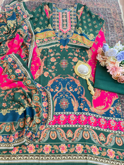 Emerald Bloom Muslin Karanchi Suit Set