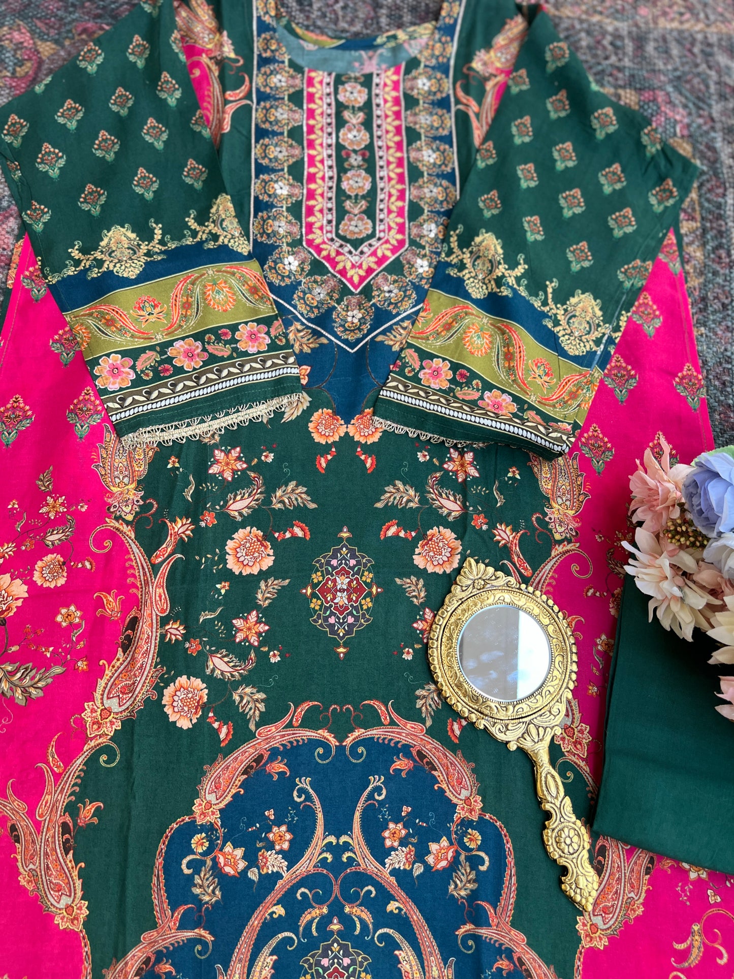 Emerald Bloom Muslin Karanchi Suit Set