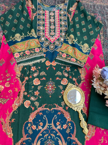 Emerald Bloom Muslin Karanchi Suit Set