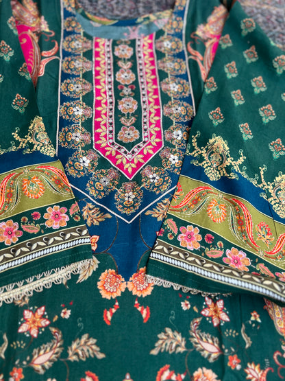 Emerald Bloom Muslin Karanchi Suit Set