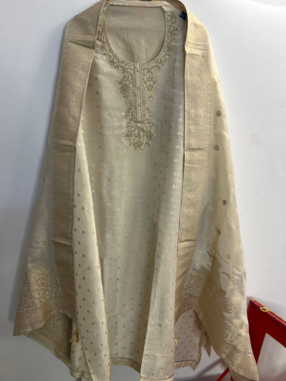 Stunning Ivory Shimmer Silk Unstitched Suit