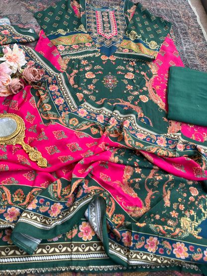 Emerald Bloom Muslin Karanchi Suit Set