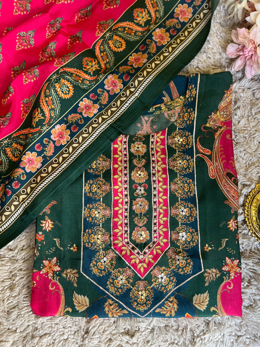 Emerald Bloom Muslin Karanchi Suit Set