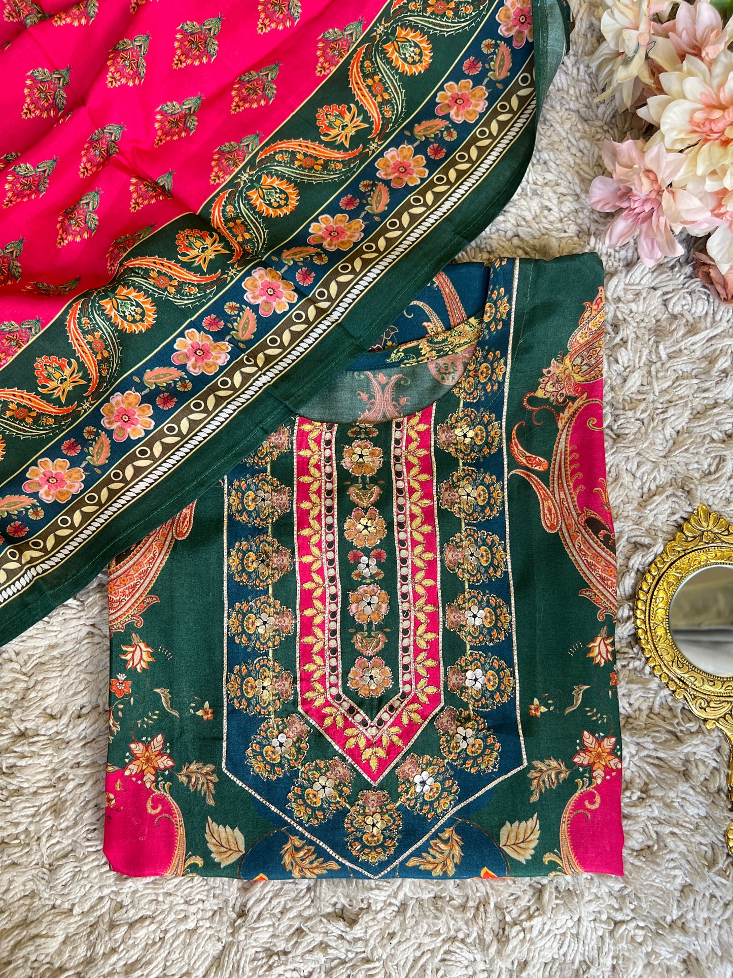 Emerald Bloom Muslin Karanchi Suit Set