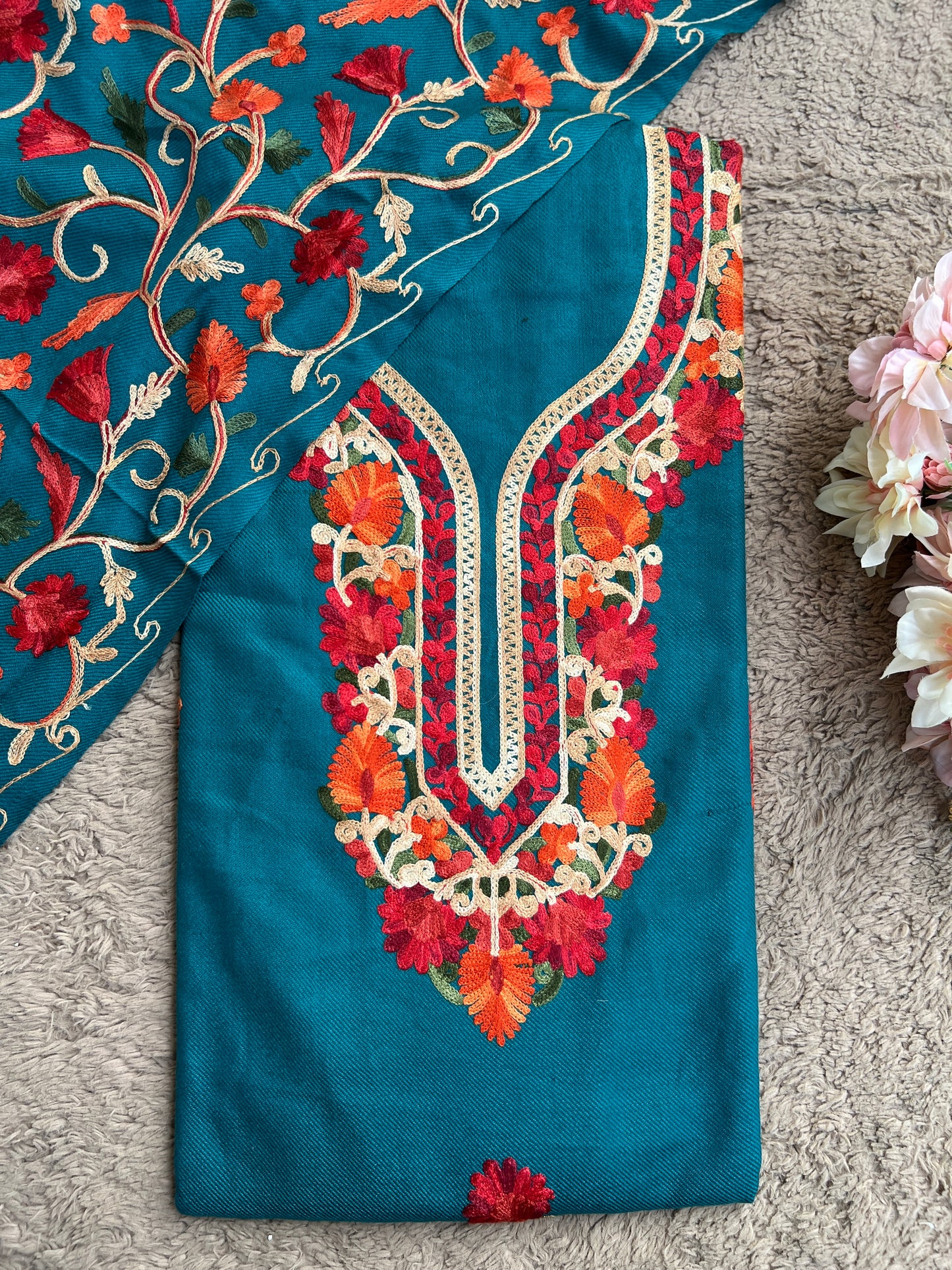 Teal Blue Kashmiri Style Woolen Embroidered Suit Set