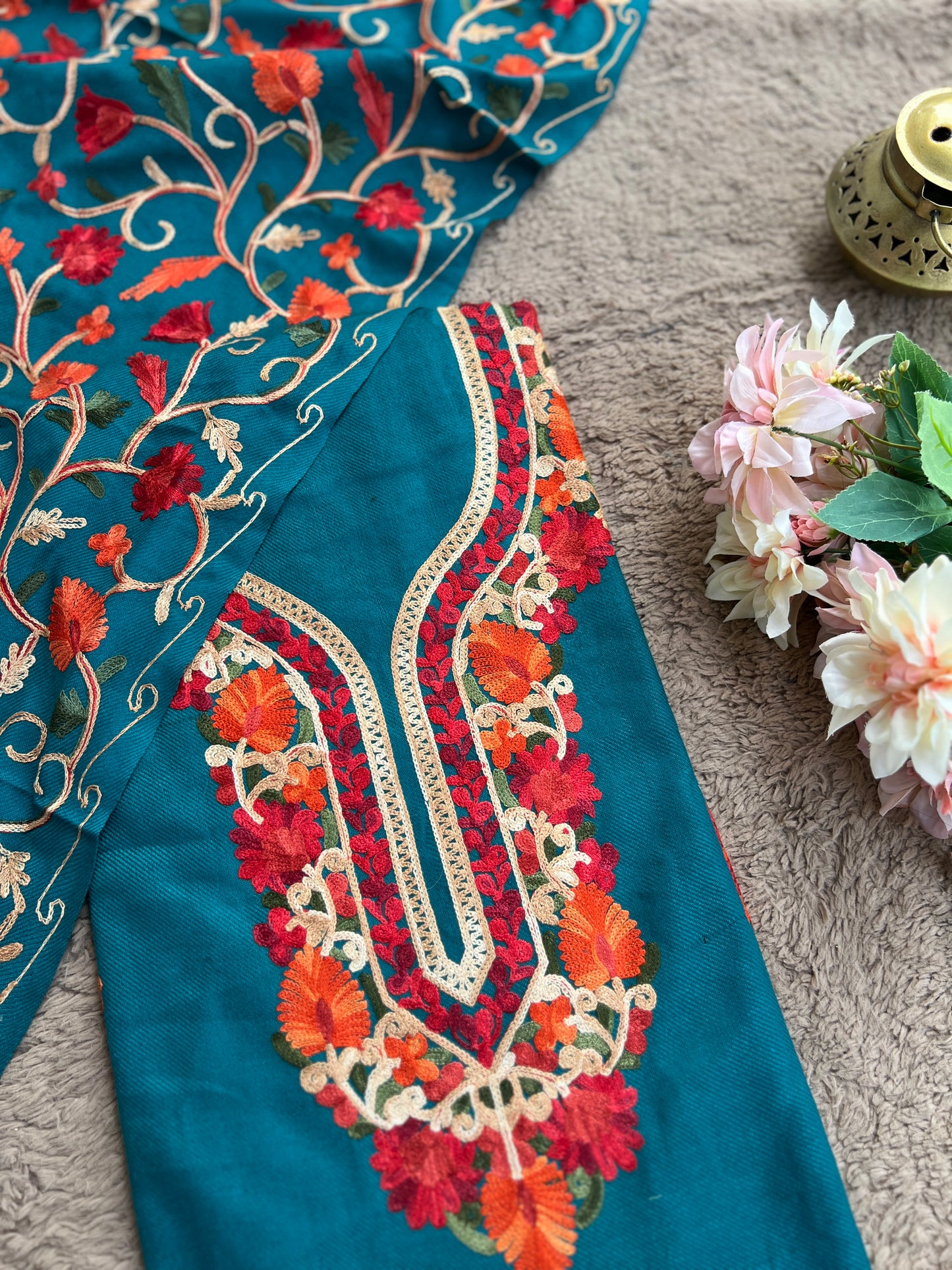 Teal Blue Kashmiri Style Woolen Embroidered Suit Set