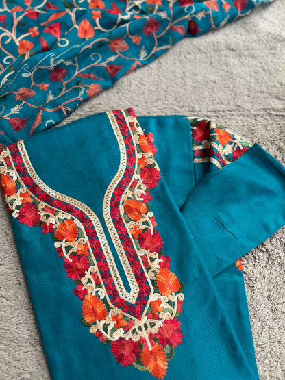 Teal Blue Kashmiri Style Woolen Embroidered Suit Set