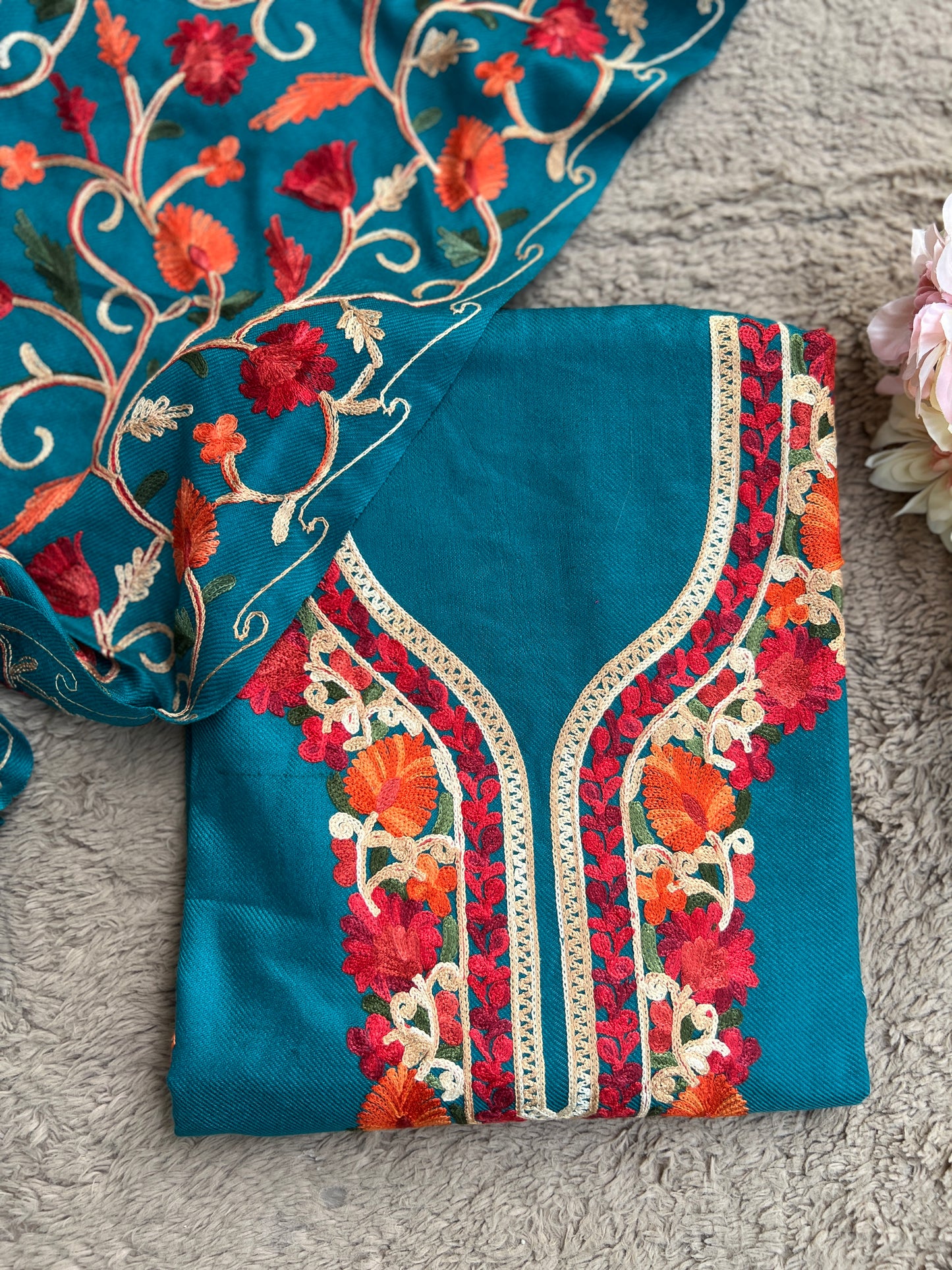 Teal Blue Kashmiri Style Woolen Embroidered Suit Set