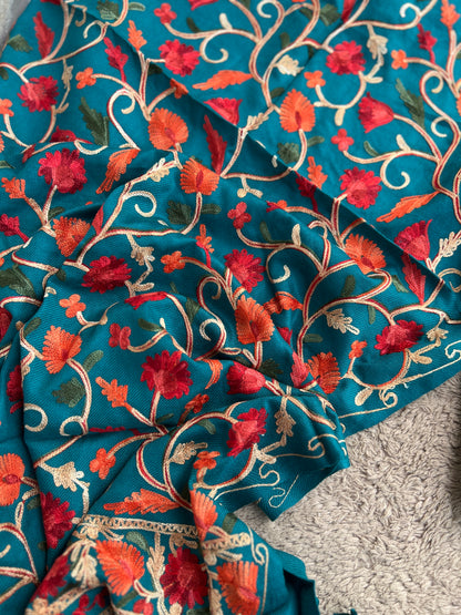 Teal Blue Kashmiri Style Woolen Embroidered Suit Set