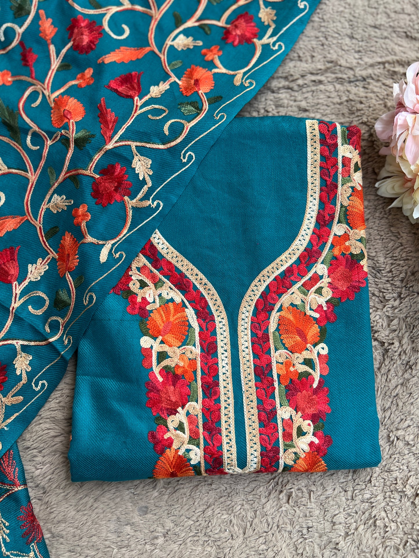 Teal Blue Kashmiri Style Woolen Embroidered Suit Set