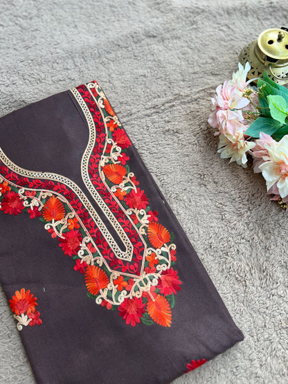 Coffee Kashmiri Style Woolen Embroidered Suit Set – Winter Collection