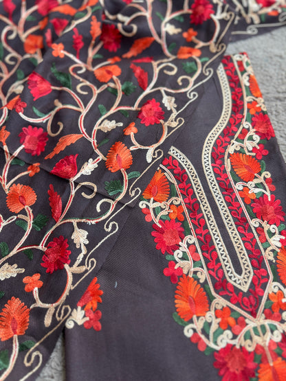 Coffee Kashmiri Style Woolen Embroidered Suit Set – Winter Collection