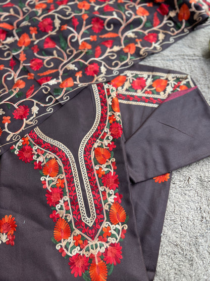 Coffee Kashmiri Style Woolen Embroidered Suit Set – Winter Collection