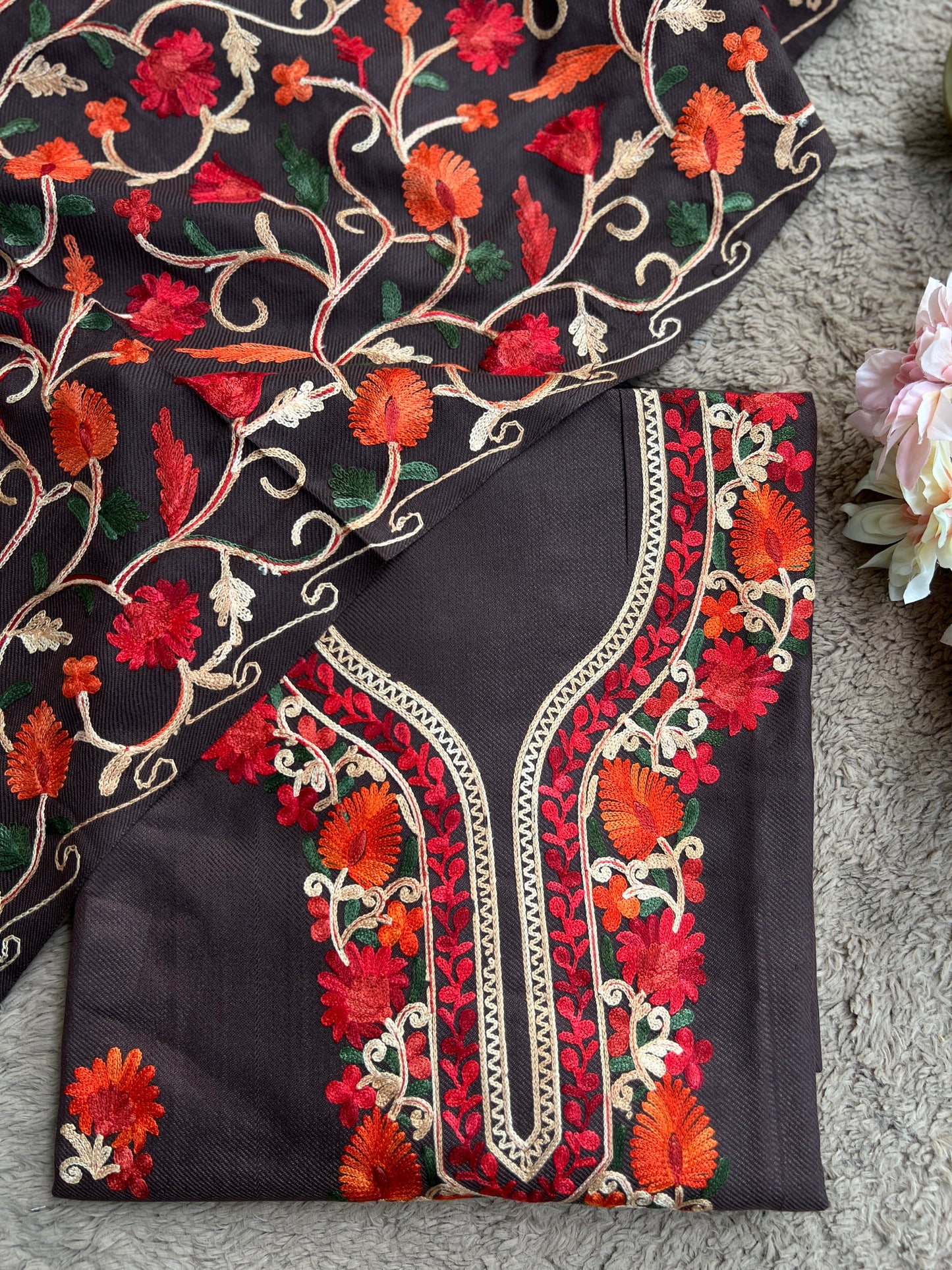 Coffee Kashmiri Style Woolen Embroidered Suit Set – Winter Collection