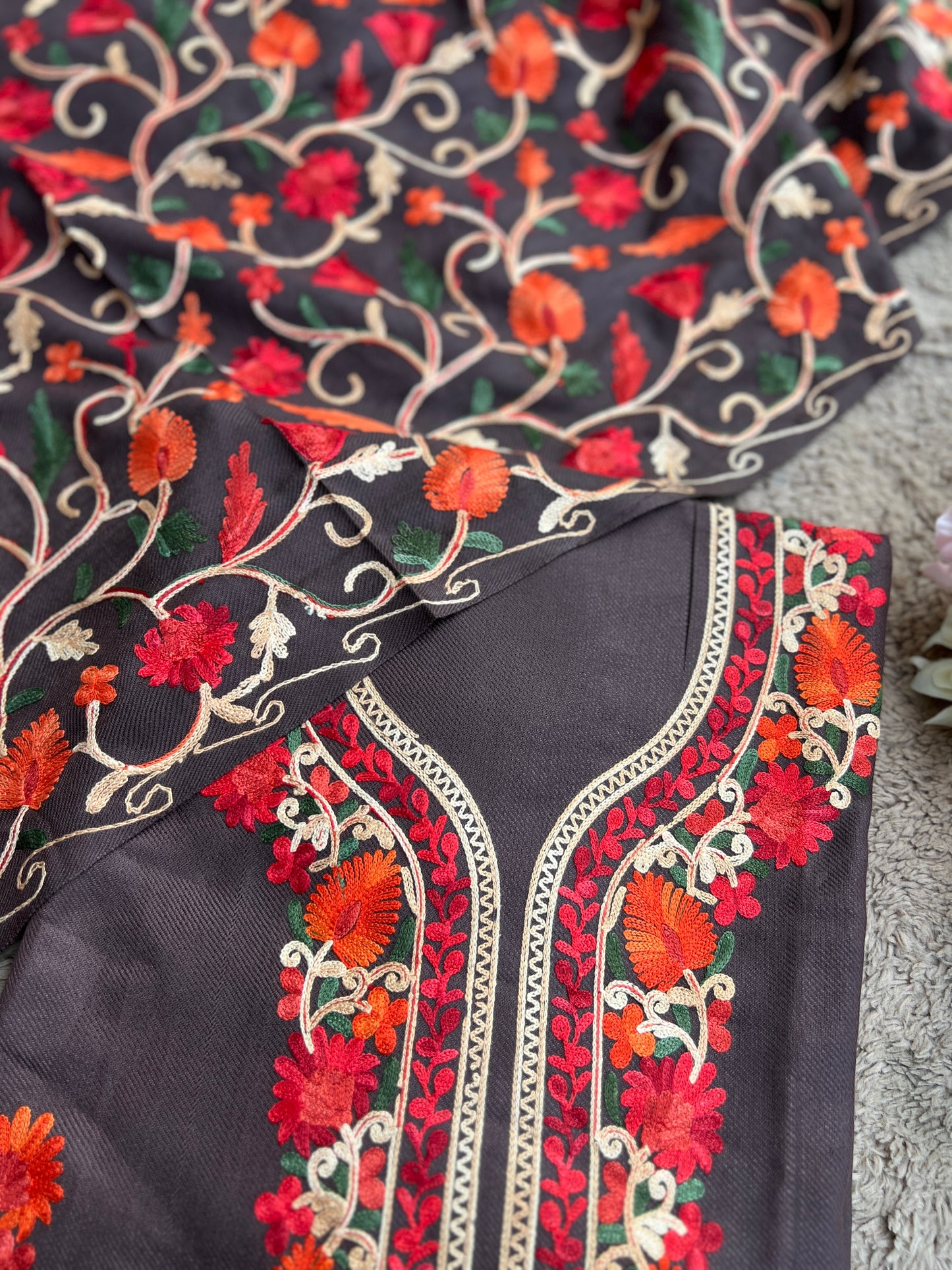 Coffee Kashmiri Style Woolen Embroidered Suit Set – Winter Collection