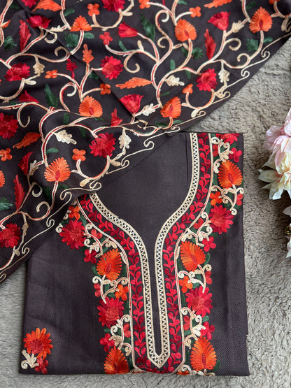 Coffee Kashmiri Style Woolen Embroidered Suit Set – Winter Collection