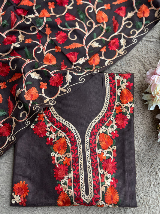 Coffee Kashmiri Style Woolen Embroidered Suit Set – Winter Collection