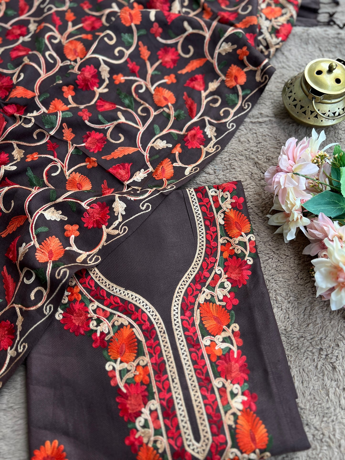 Coffee Kashmiri Style Woolen Embroidered Suit Set – Winter Collection