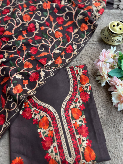 Coffee Kashmiri Style Woolen Embroidered Suit Set – Winter Collection