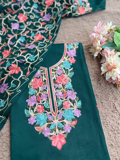 Green Kashmiri Style Woolen Embroidered Suit Set