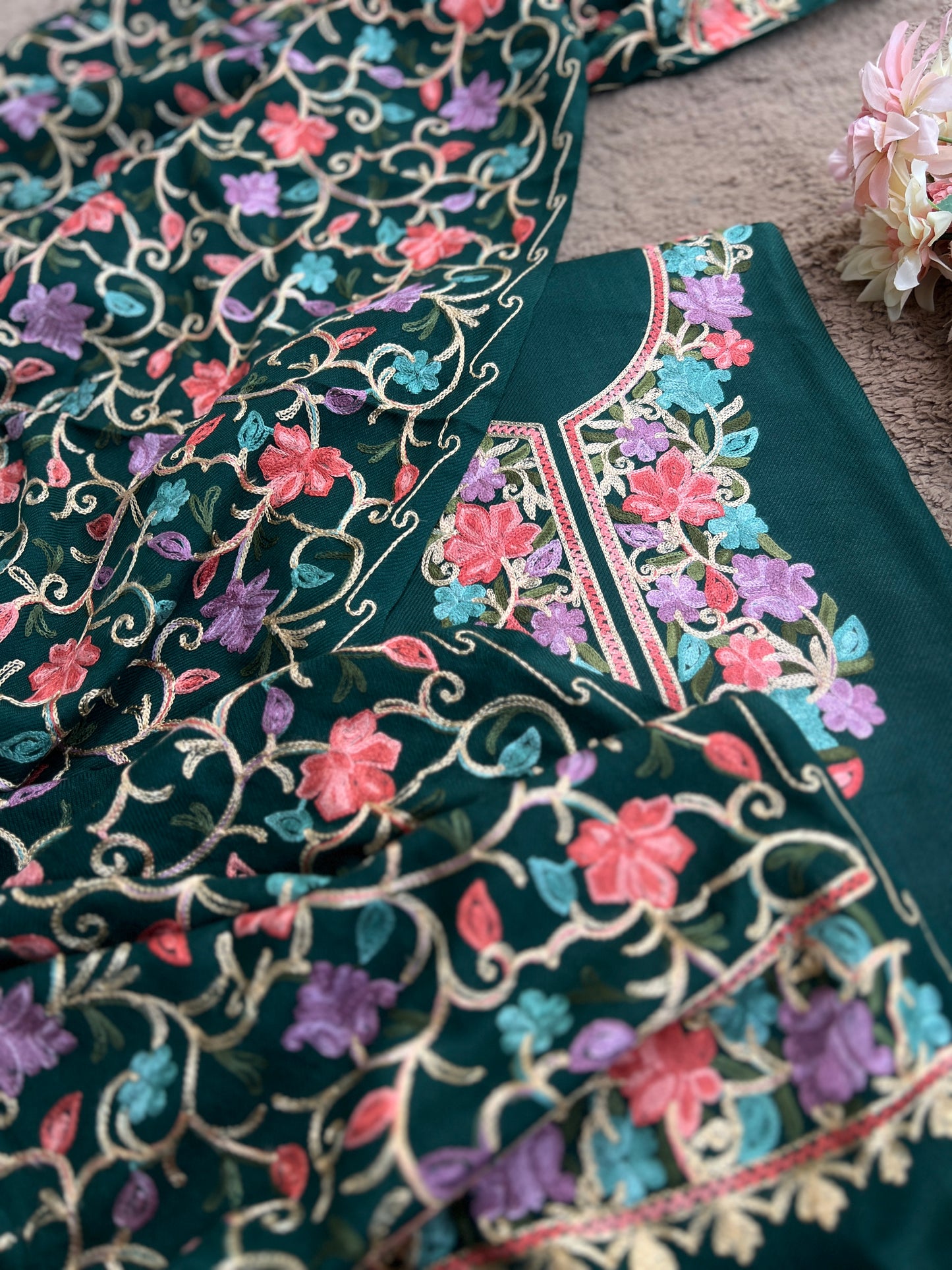 Green Kashmiri Style Woolen Embroidered Suit Set