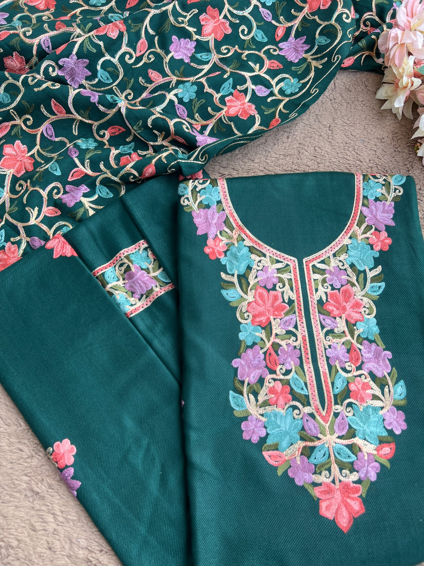 Green Kashmiri Style Woolen Embroidered Suit Set