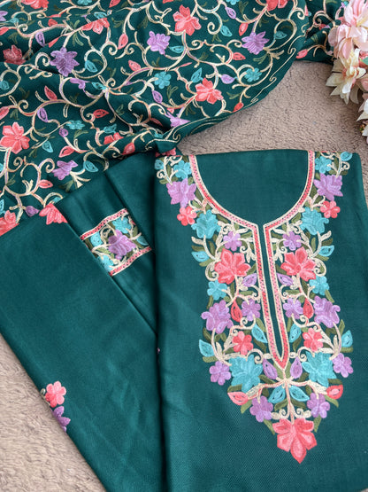 Green Kashmiri Style Woolen Embroidered Suit Set