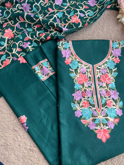 Green Kashmiri Style Woolen Embroidered Suit Set