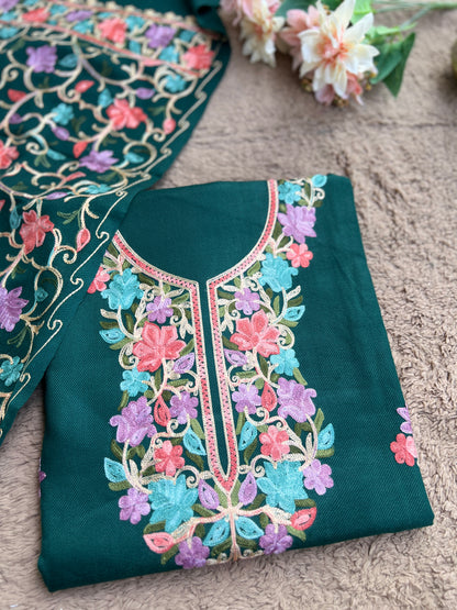 Green Kashmiri Style Woolen Embroidered Suit Set