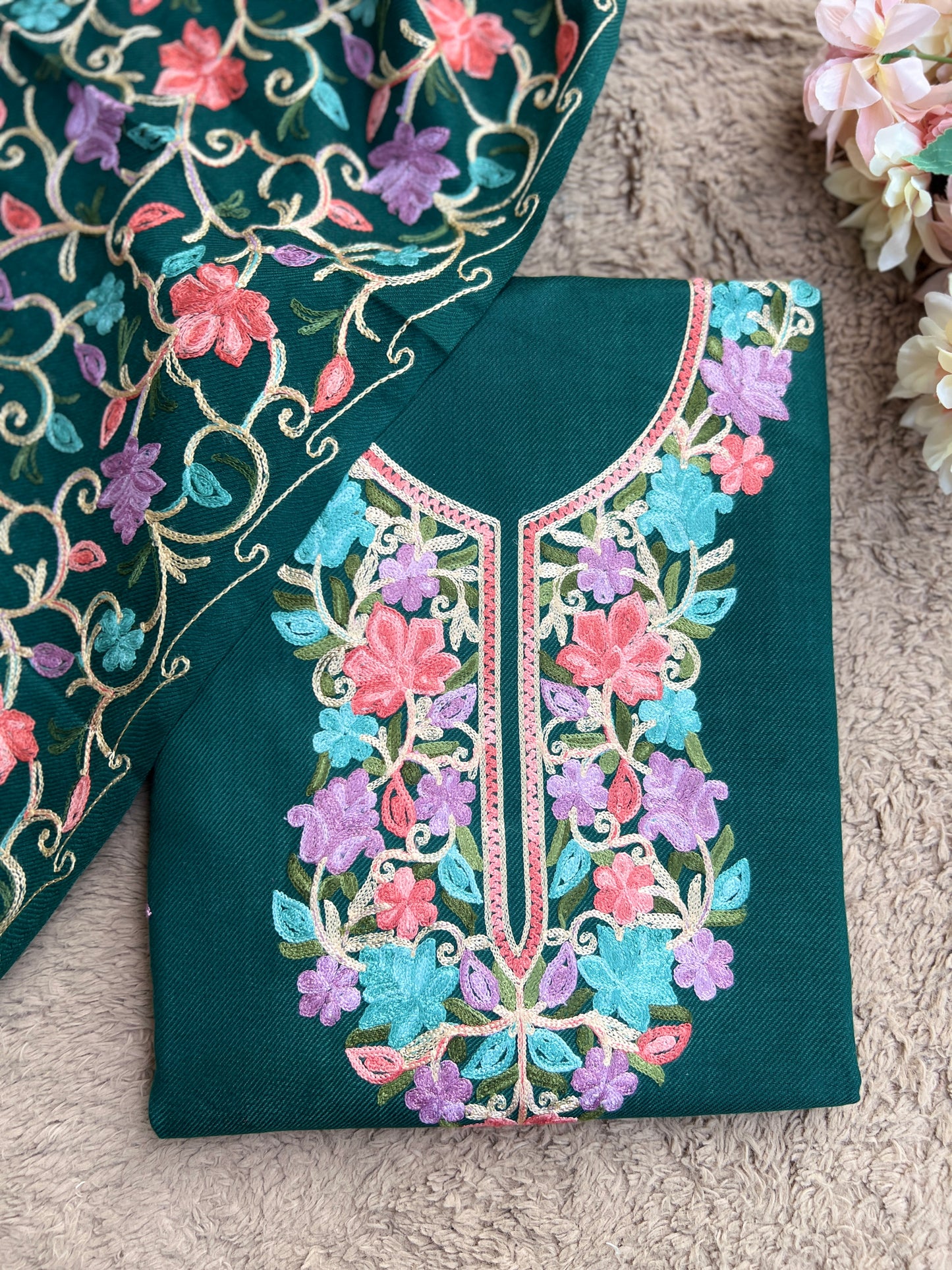 Green Kashmiri Style Woolen Embroidered Suit Set