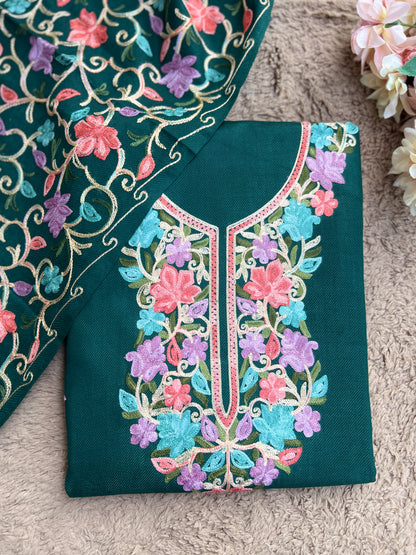 Green Kashmiri Style Woolen Embroidered Suit Set