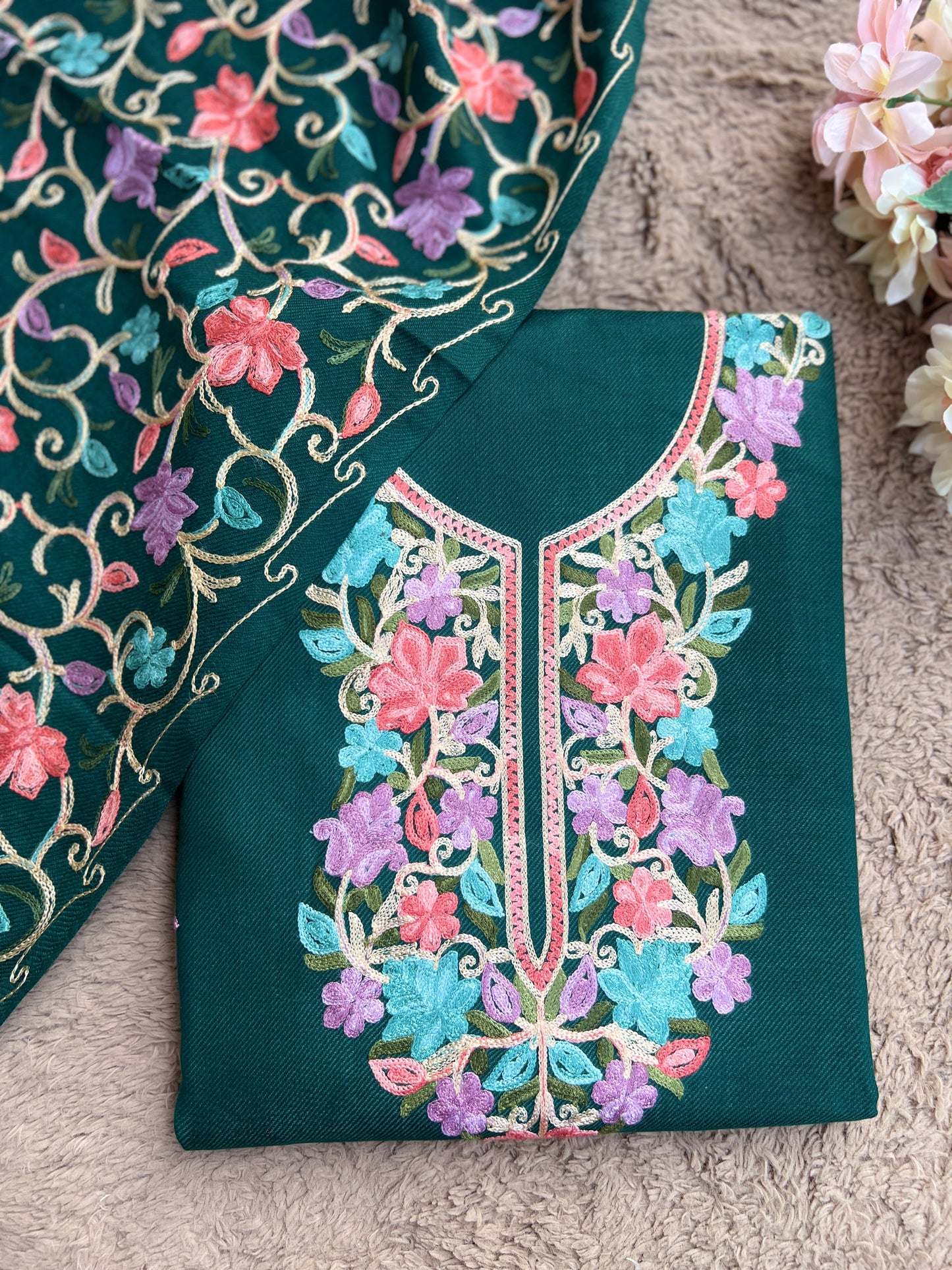 Green Kashmiri Style Woolen Embroidered Suit Set
