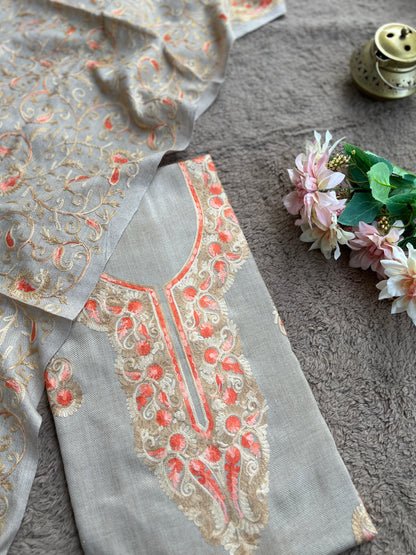 Elegant Kashmiri Woolen Embroidered Suit Set – Soft Grey Winter Collection
