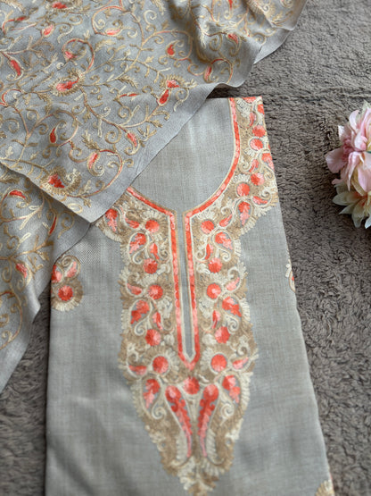 Elegant Kashmiri Woolen Embroidered Suit Set – Soft Grey Winter Collection