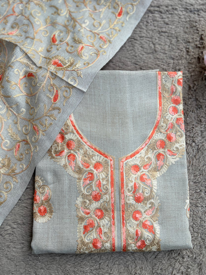Elegant Kashmiri Woolen Embroidered Suit Set – Soft Grey Winter Collection