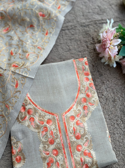 Elegant Kashmiri Woolen Embroidered Suit Set – Soft Grey Winter Collection