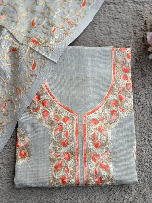 Elegant Kashmiri Woolen Embroidered Suit Set – Soft Grey Winter Collection