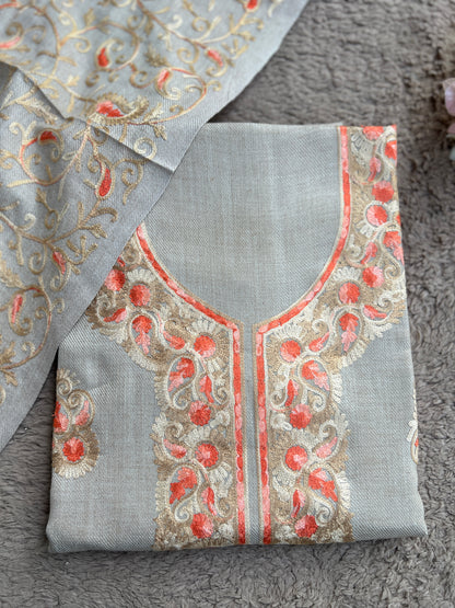Elegant Kashmiri Woolen Embroidered Suit Set – Soft Grey Winter Collection