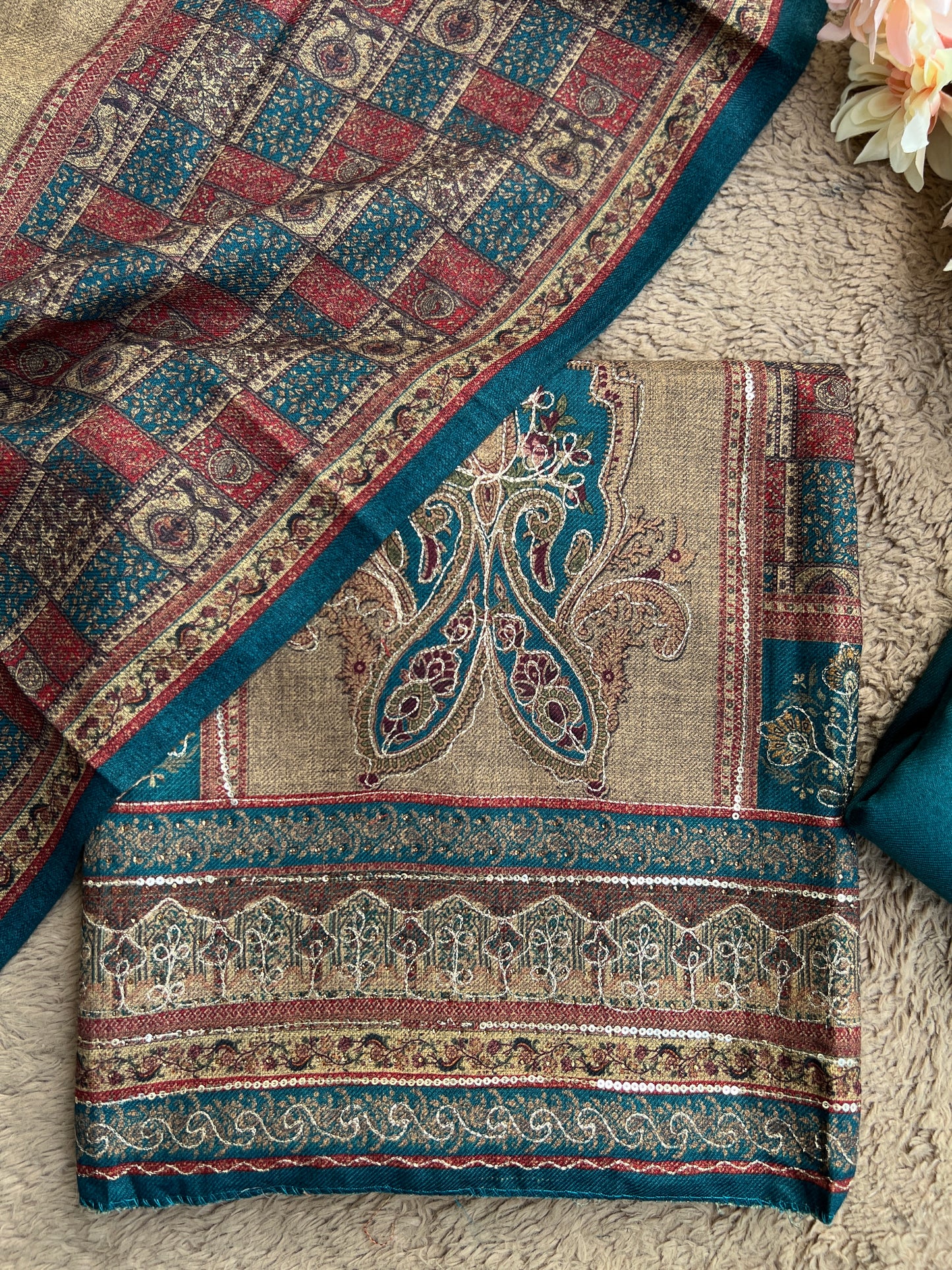Elegant Karachi Print Pashmina Suit With Fine Embroidery