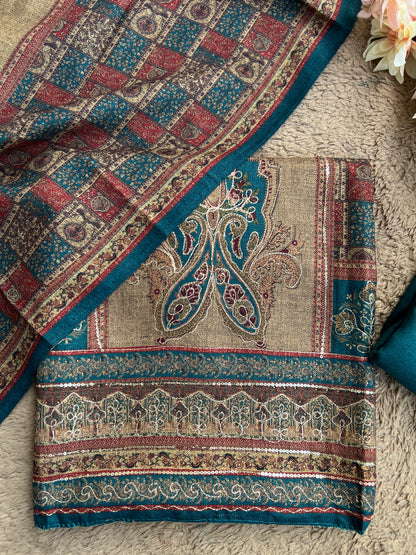 Elegant Karachi Print Pashmina Suit With Fine Embroidery