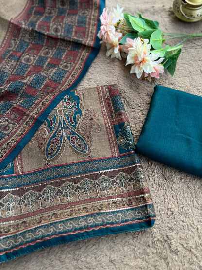 Elegant Karachi Print Pashmina Suit With Fine Embroidery