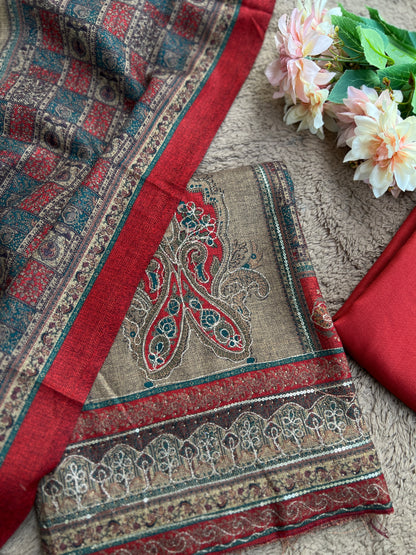Elegant Karachi Print Pashmina Suit With Fine Embroidery