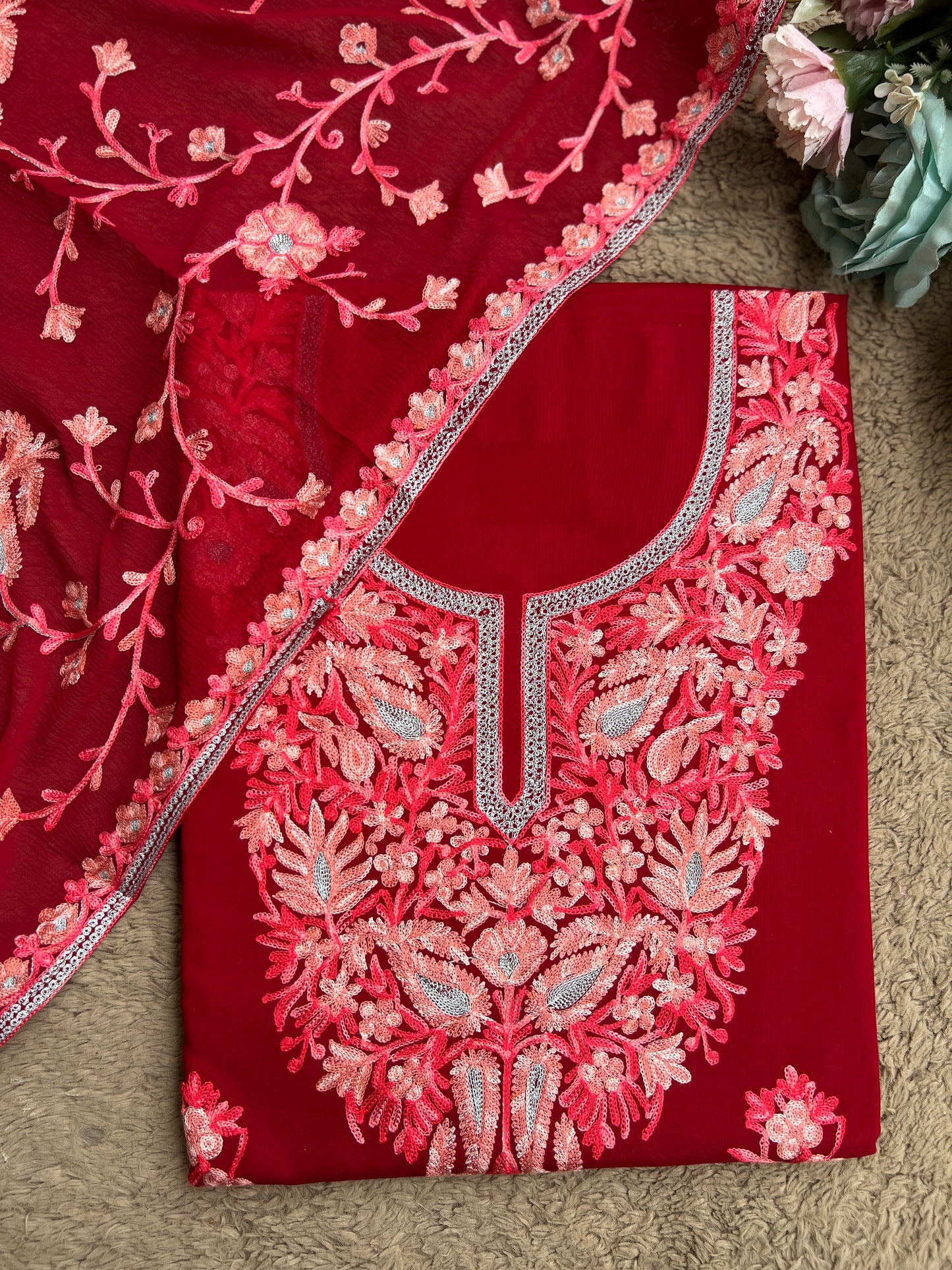 Luxury Ruby-Tone Modal Cotton Suit with Kashmiri Full Jaal Dupatta