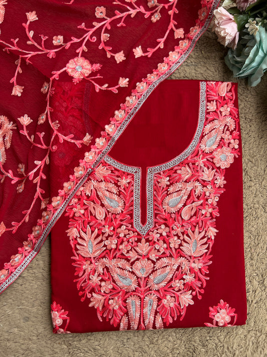 Luxury Ruby-Tone Modal Cotton Suit with Kashmiri Full Jaal Dupatta
