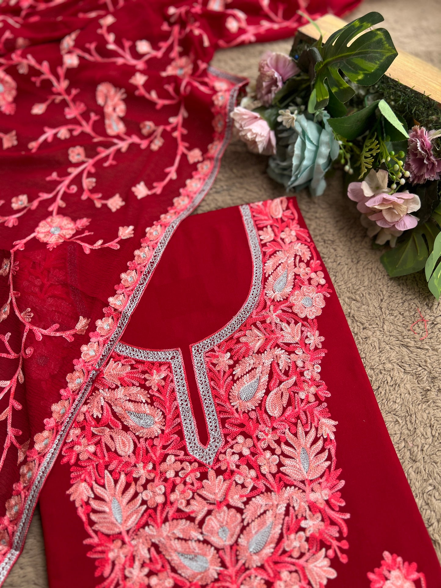 Luxury Ruby-Tone Modal Cotton Suit with Kashmiri Full Jaal Dupatta
