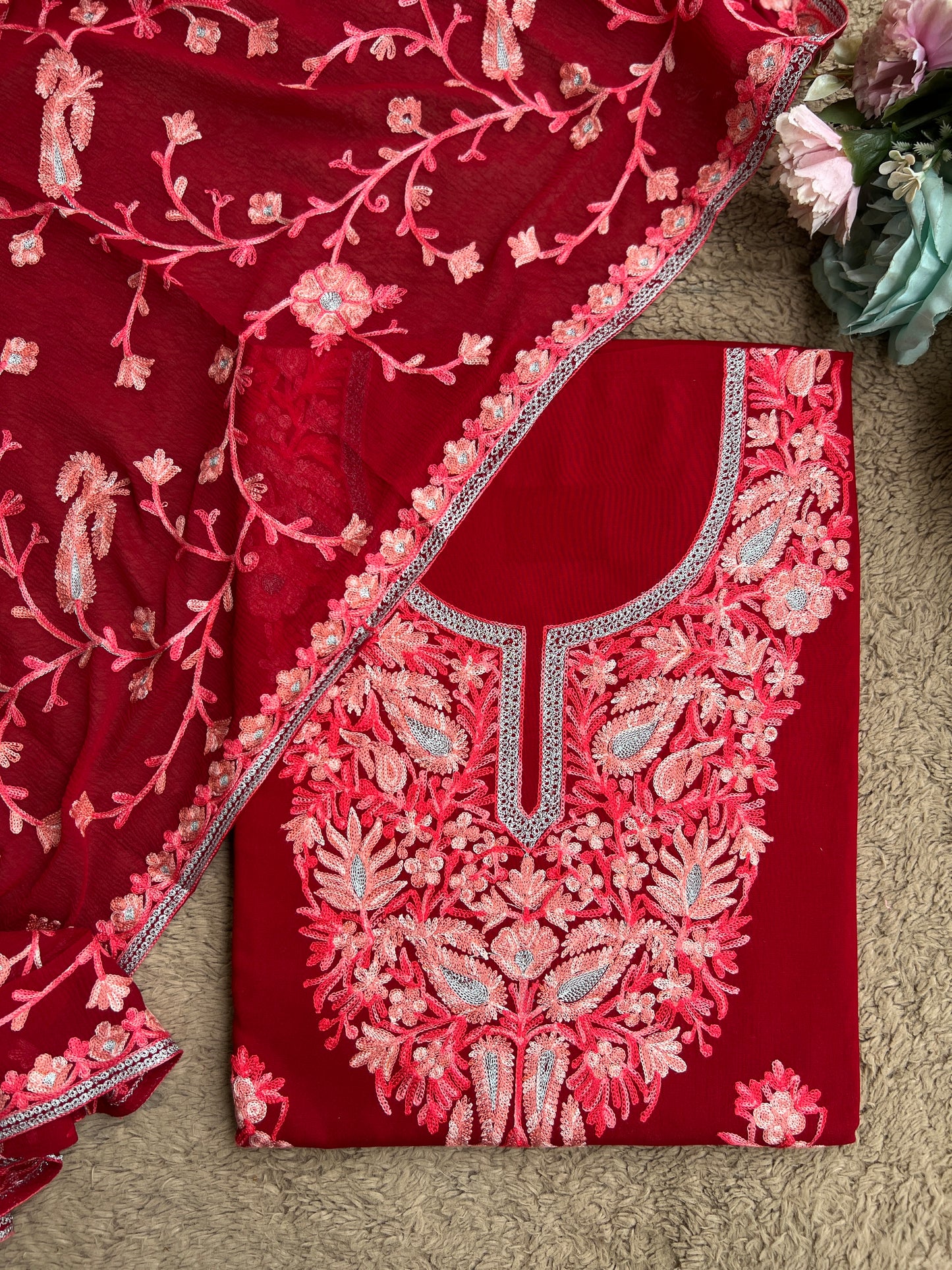 Luxury Ruby-Tone Modal Cotton Suit with Kashmiri Full Jaal Dupatta