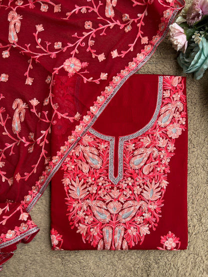 Luxury Ruby-Tone Modal Cotton Suit with Kashmiri Full Jaal Dupatta