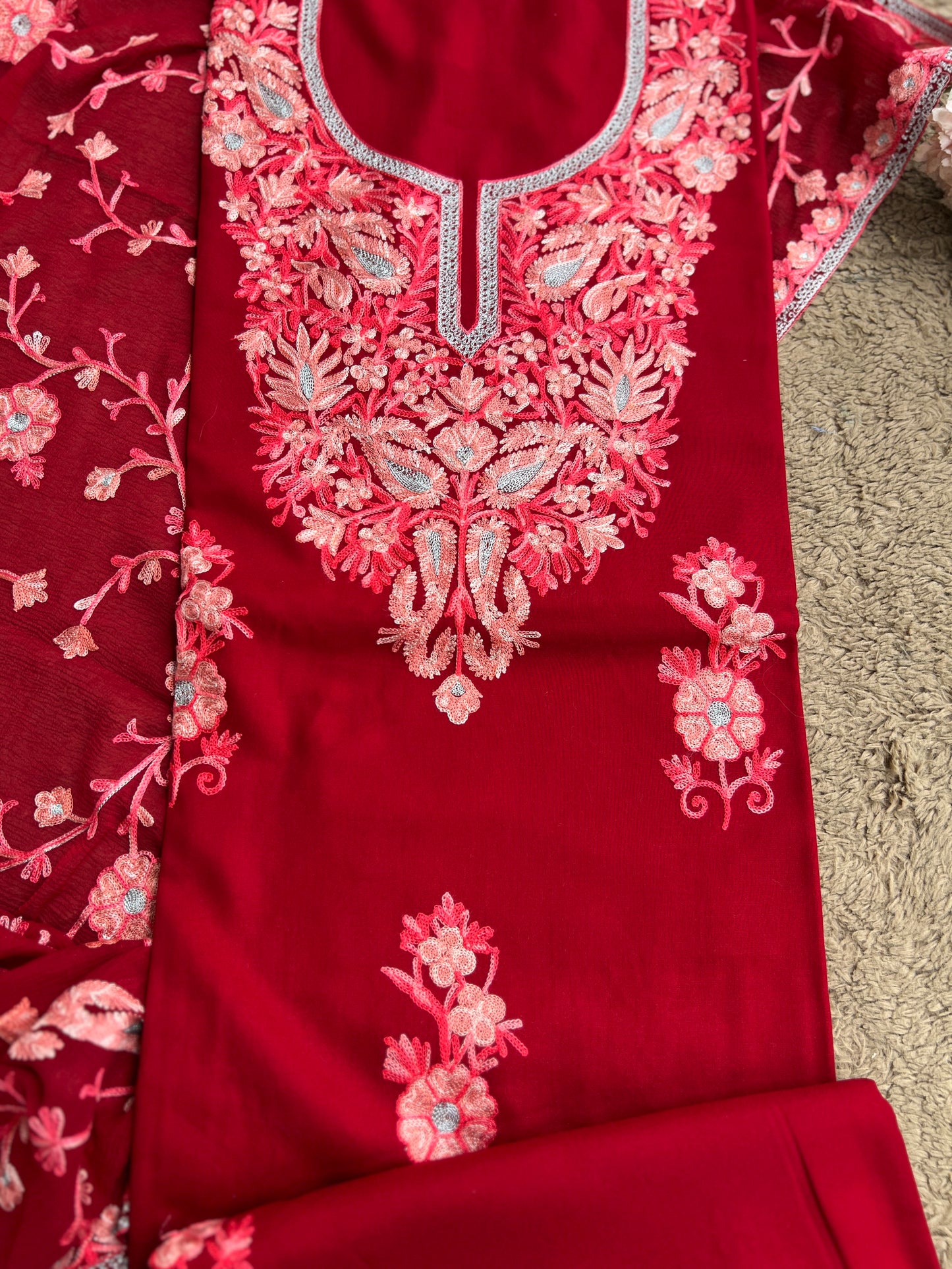 Luxury Ruby-Tone Modal Cotton Suit with Kashmiri Full Jaal Dupatta
