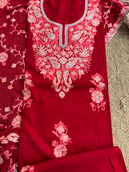 Luxury Ruby-Tone Modal Cotton Suit with Kashmiri Full Jaal Dupatta