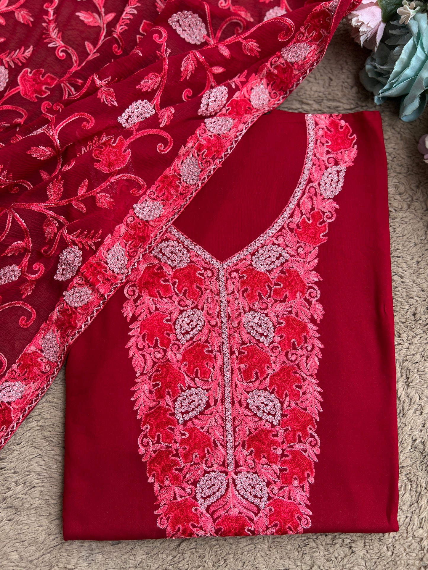 Deep Crimson Modal Cotton Kashmiri Embroidered Suit Full